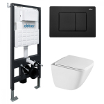 Комплект подвесной унитаз ABBER Rechteck AC1220TC белый, с закрытым дном с инсталляцией AC0105 и кнопкой AC0120MB черный матовый