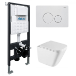 Комплект подвесной унитаз ABBER Rechteck AC1219TC белый, с закрытым дном с инсталляцией AC0105 и кнопкой AC0121MW белая матовая