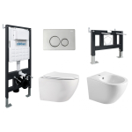 Комплект ABBER унитаз AC1100 белый с инсталляцией AC0105 и кнопкой AC0121 хром, биде AC1150 с инсталляцией AC0101P