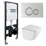 Комплект подвесной унитаз ABBER Rechteck AC1220TC белый, с закрытым дном с инсталляцией AC0105 и кнопкой AC0121 хром глянцевый