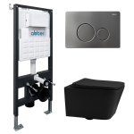 Комплект подвесной унитаз ABBER Rechteck AC1201MB черный матовый с инсталляцией AC0105 и кнопкой AC0121MCH матовый хром