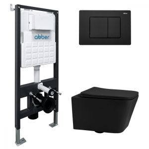 Комплект подвесной унитаз ABBER Rechteck AC1201MB черный матовый с инсталляцией AC0105 и кнопкой AC0120MB черный матовый