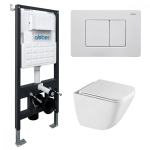 Комплект подвесной унитаз ABBER Rechteck AC1220TC белый, с закрытым дном с инсталляцией AC0105 и кнопкой AC0120MW белая матовая