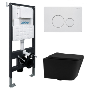 Комплект подвесной унитаз ABBER Rechteck AC1201MB черный матовый с инсталляцией AC0105 и кнопкой AC0121MW белая матовая